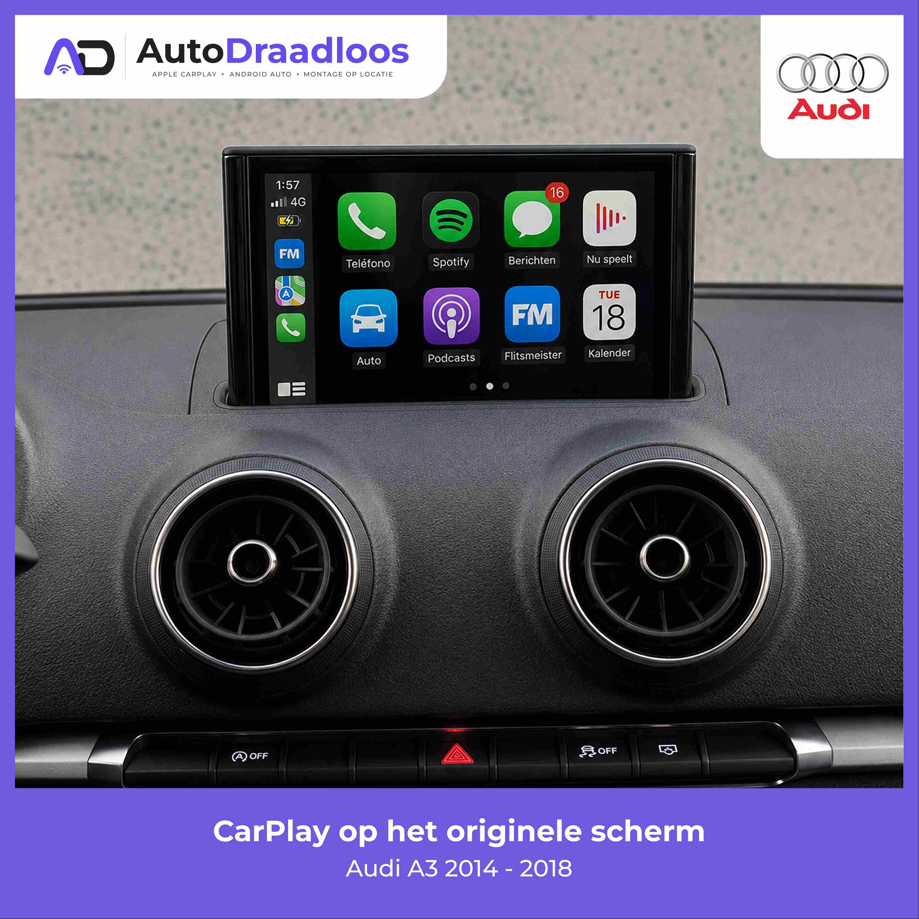 Apple CarPlay op het originele scherm in een Audi A3