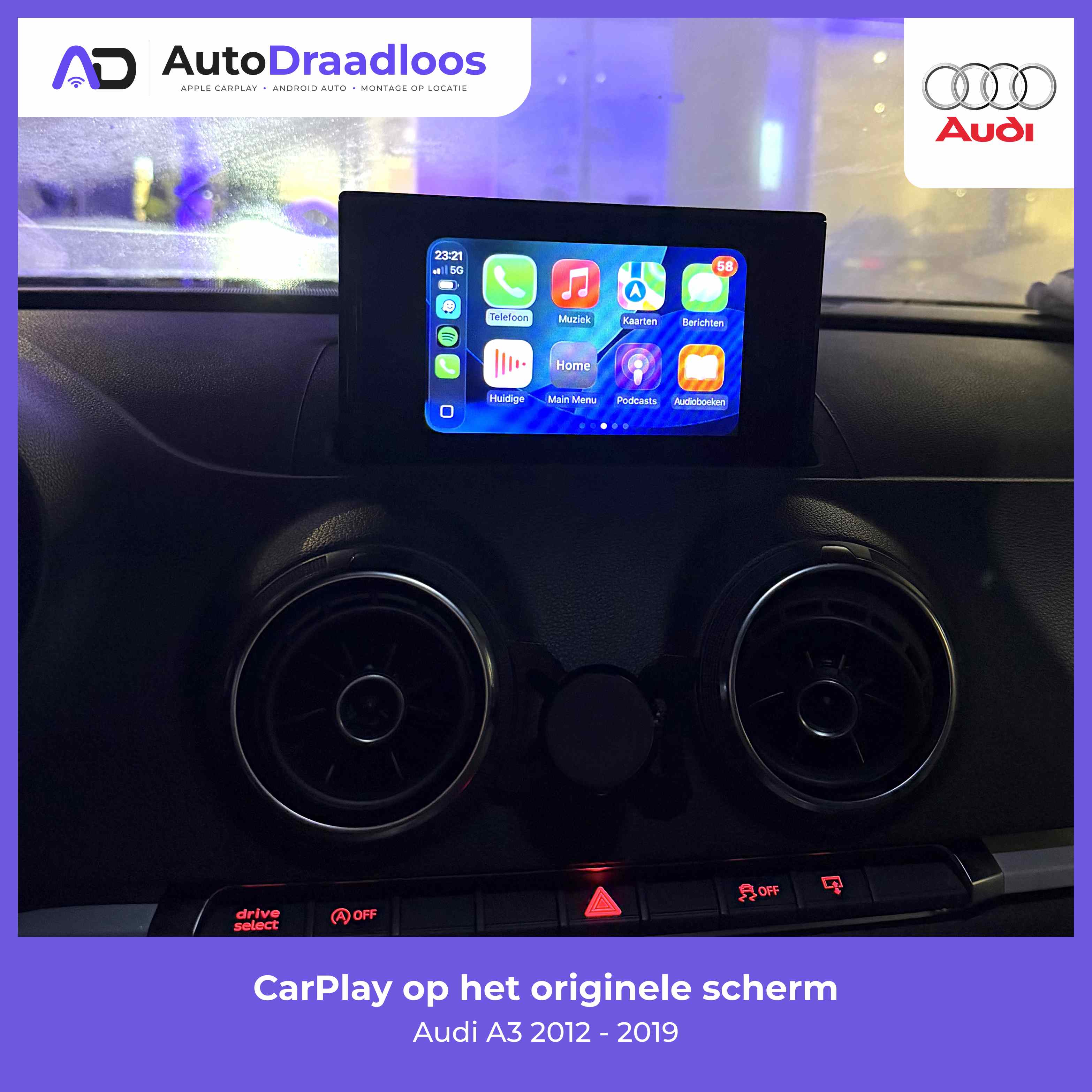 Apple CarPlay op het originele scherm in een Audi A3