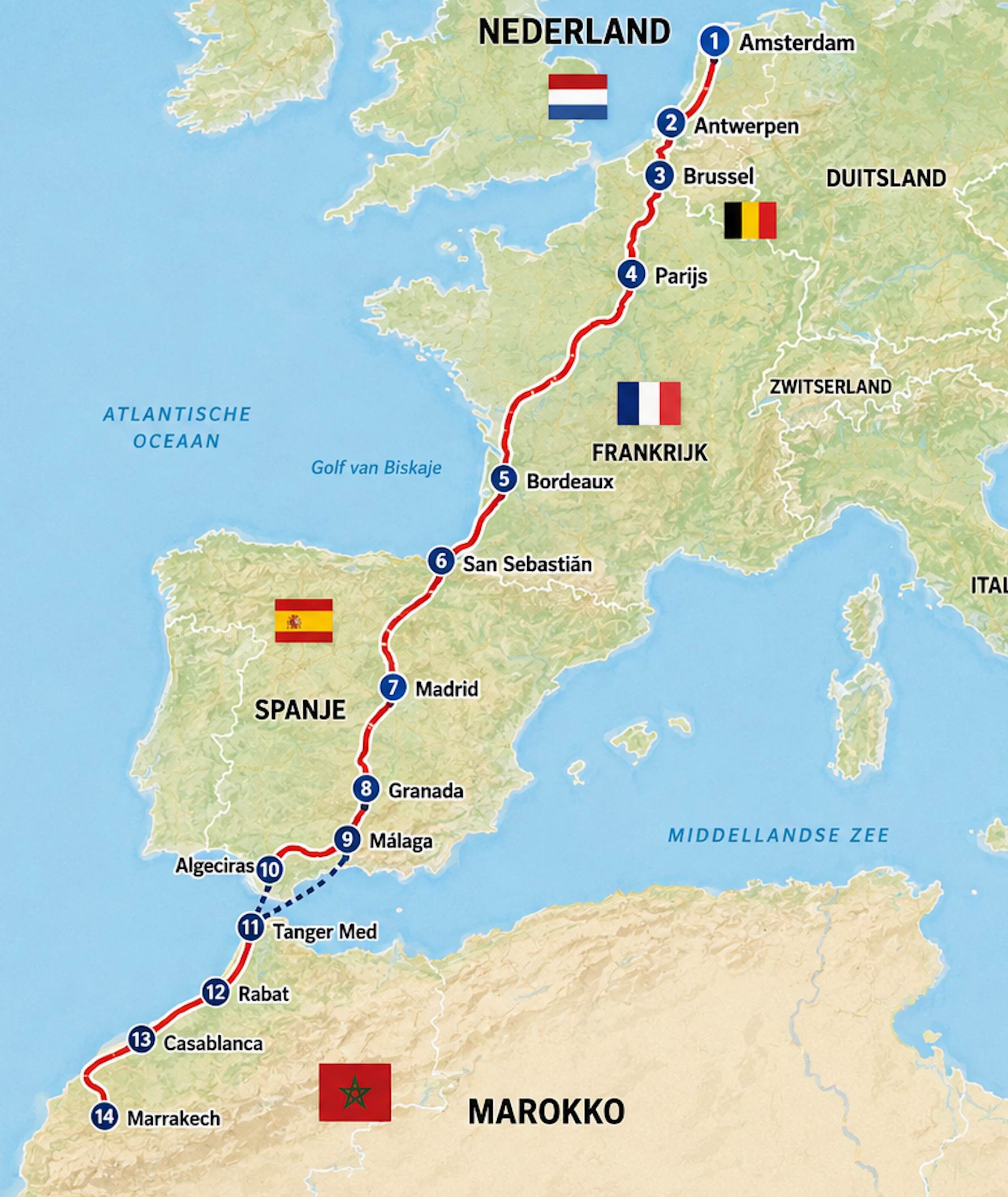 Route van Nederland naar Marokko