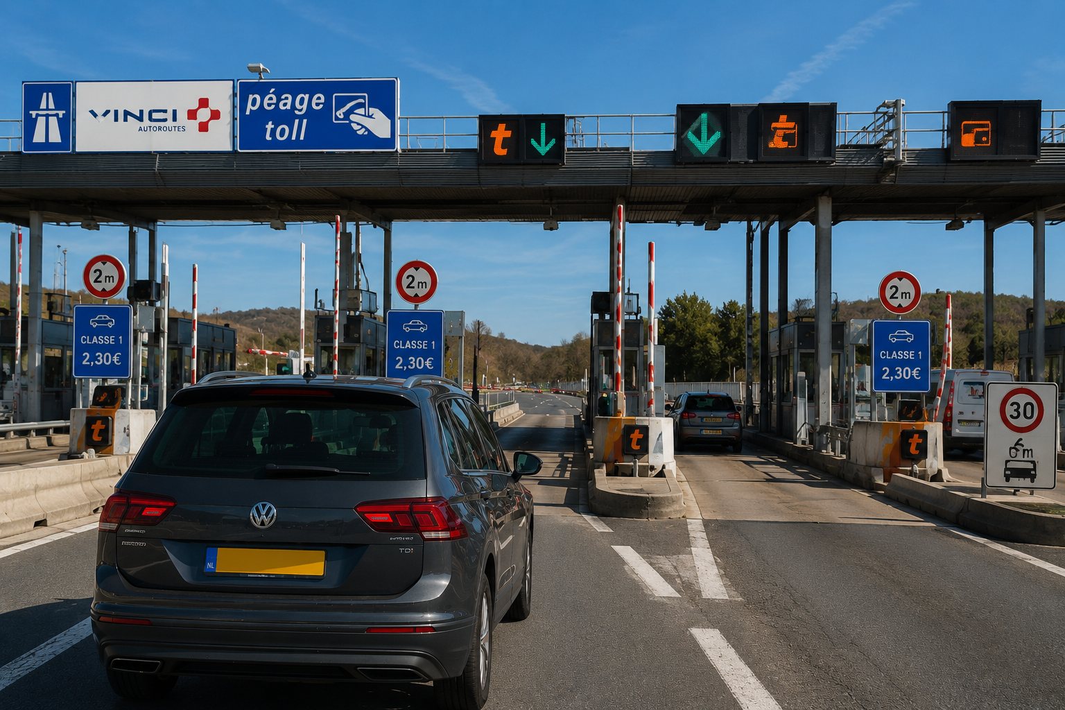 Een auto voor een tolpoort in Frankrijk
