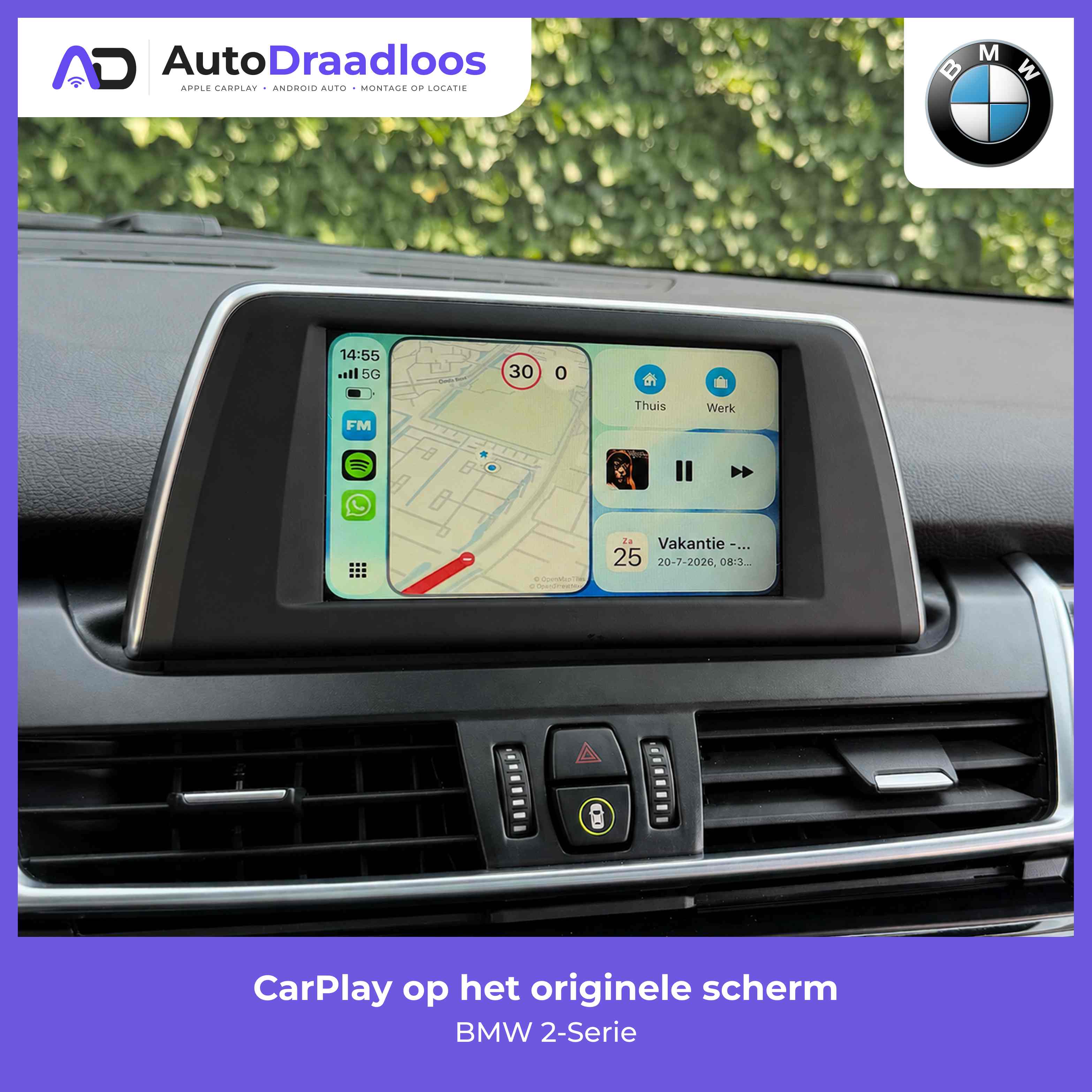 Apple CarPlay op het originele scherm in een BMW 2-Serie
