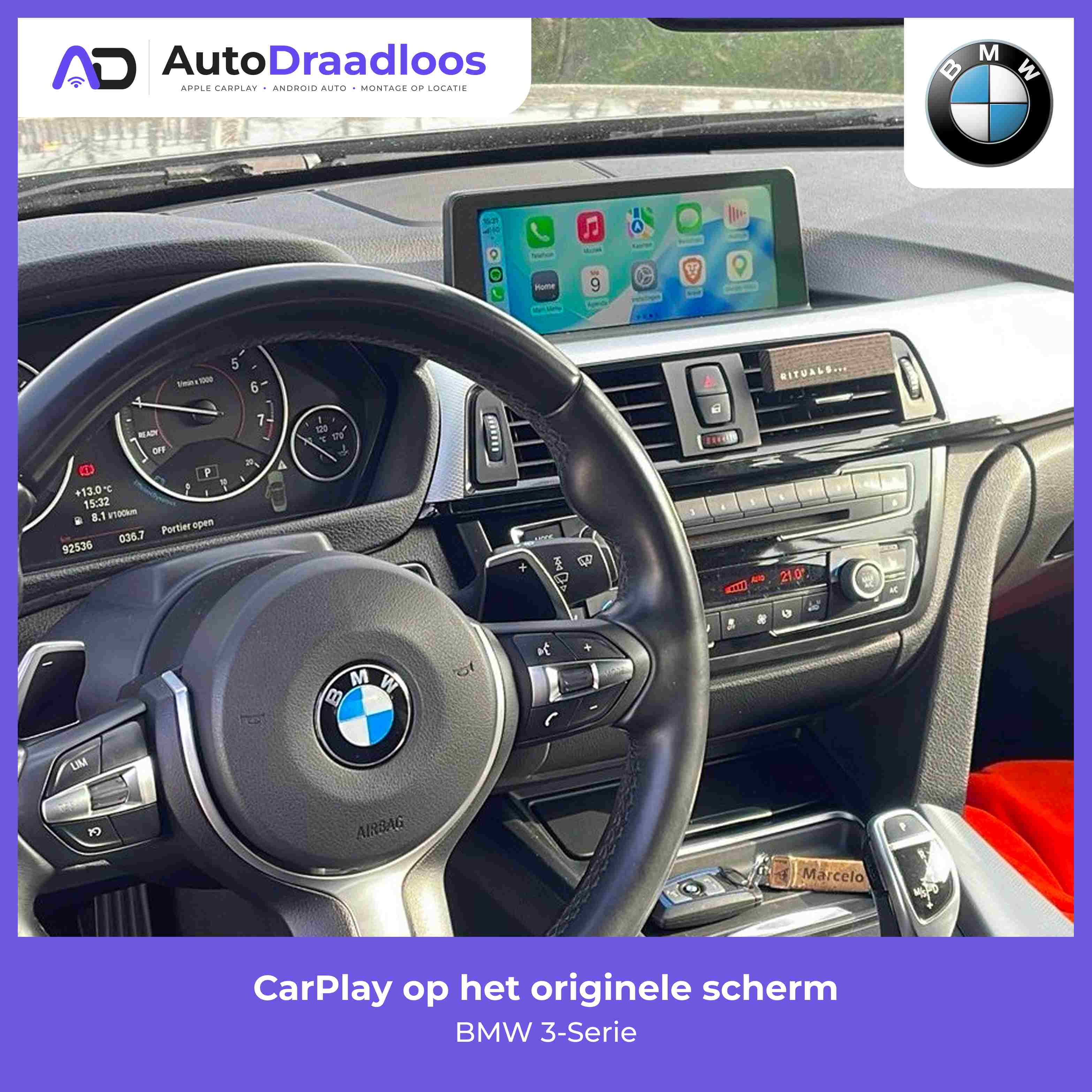 Apple CarPlay op het originele scherm in een BMW 3-Serie