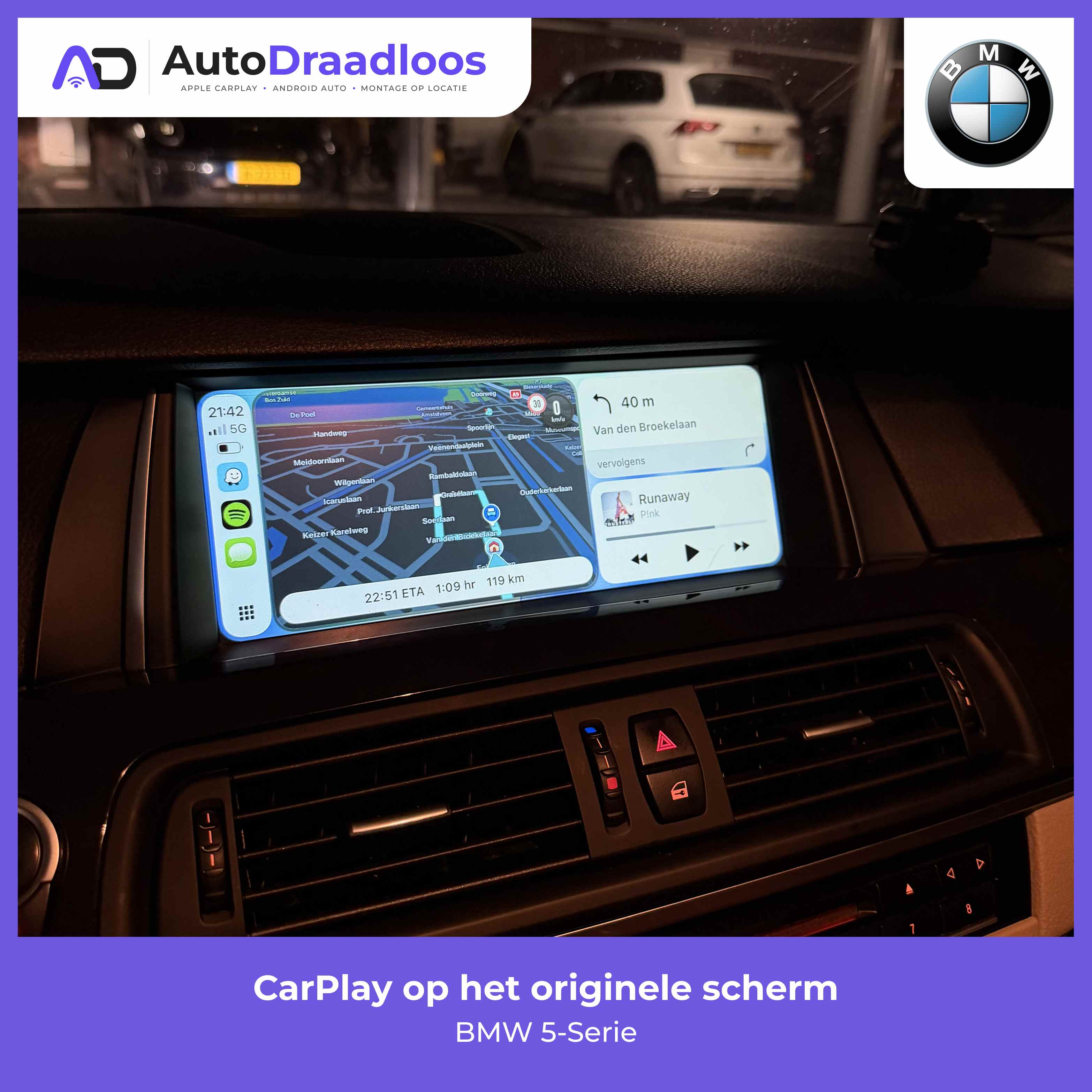 Apple CarPlay op het originele scherm in een BMW 5-Serie