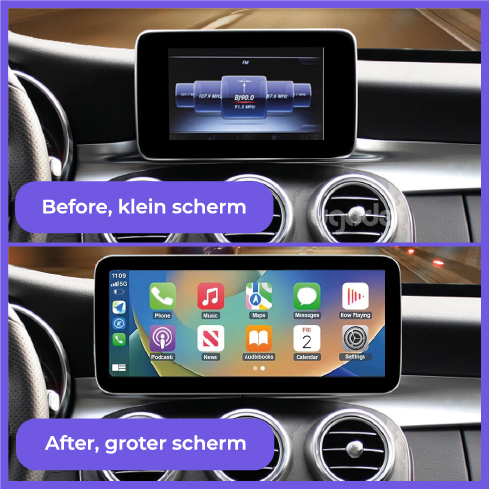 Vergelijking van klein en groot autoscherm met Apple CarPlay