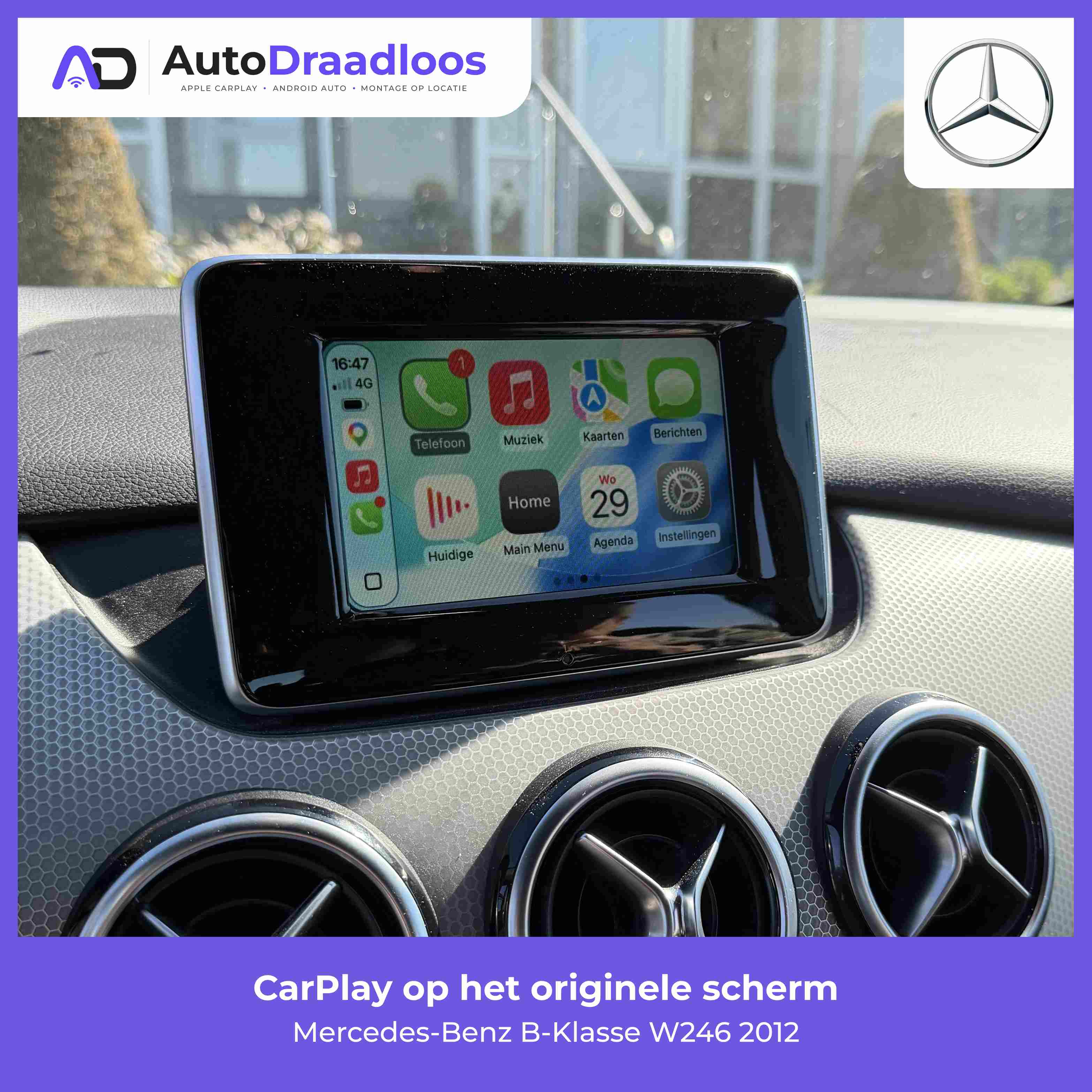 Apple CarPlay op het originele scherm van een B-Klasse
