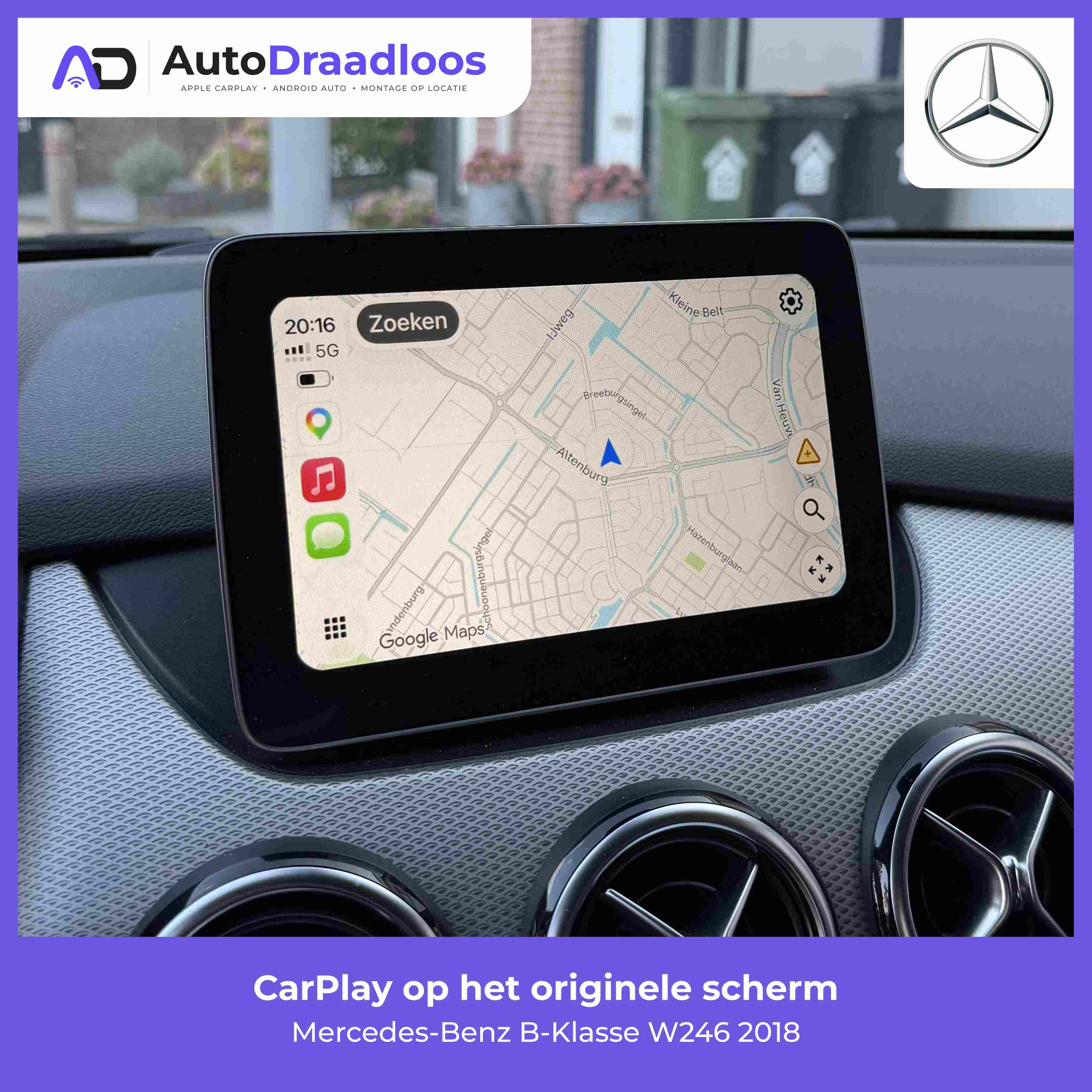 Apple CarPlay op het originele scherm van een B-Klasse
