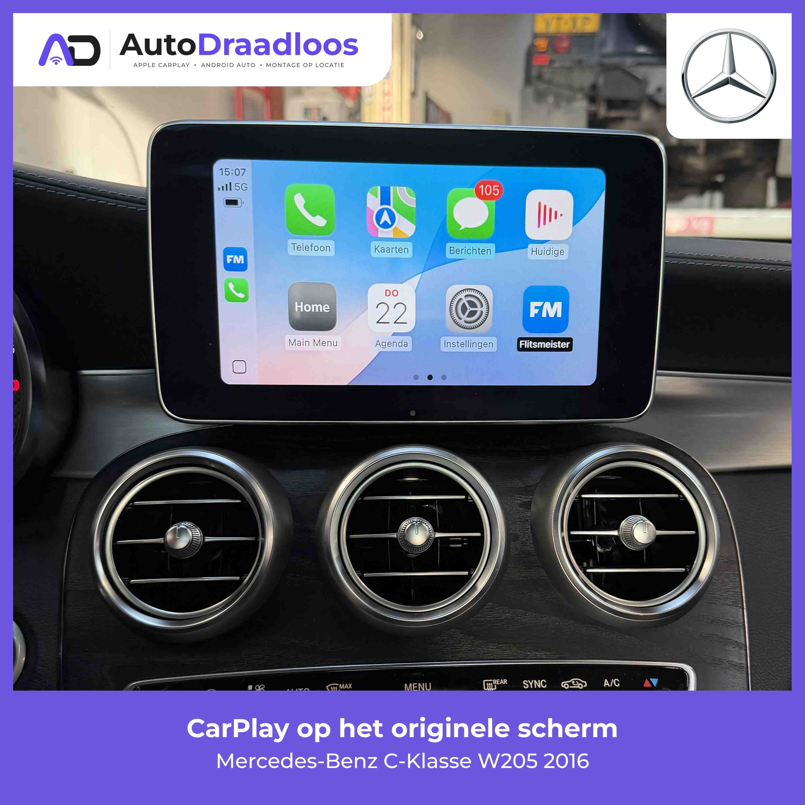 Apple CarPlay op het originele scherm van een C-Klasse