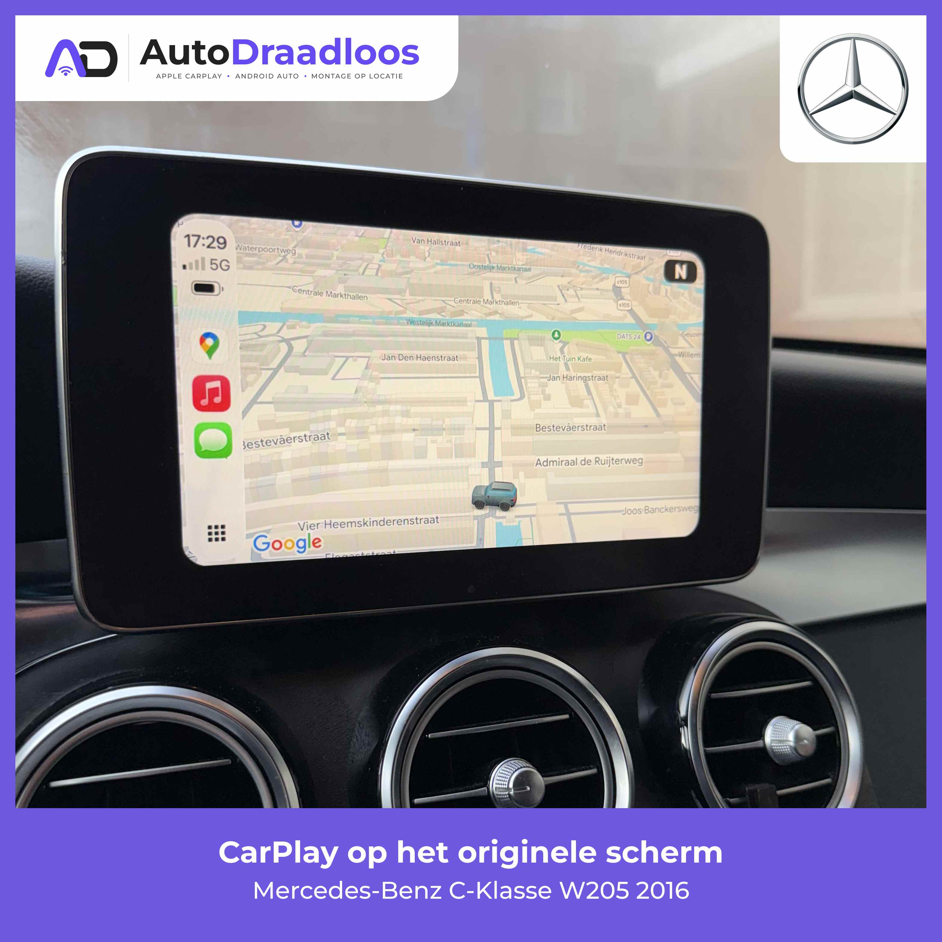 Apple CarPlay op het originele scherm van een C-Klasse