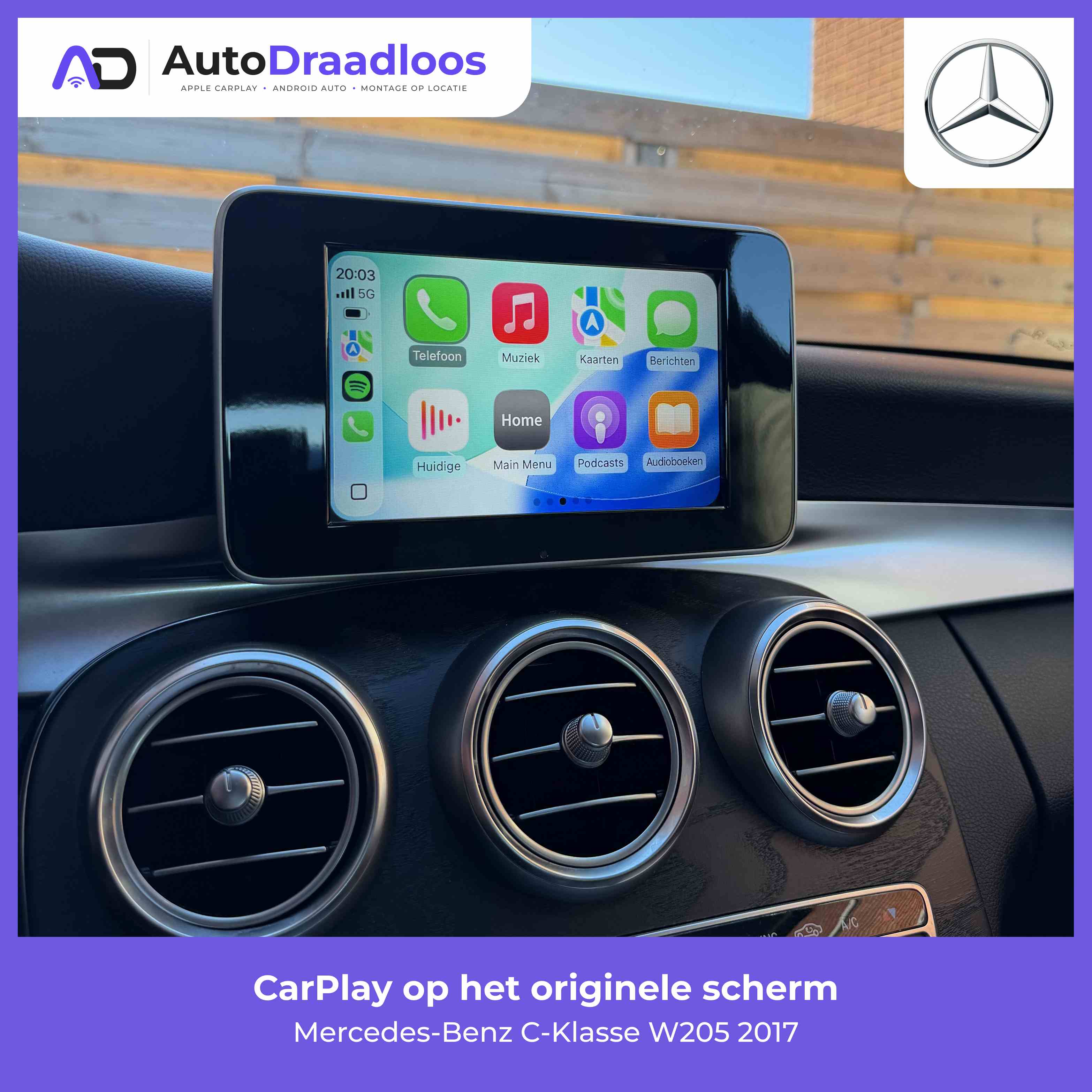 Apple CarPlay op het originele scherm van een C-Klasse