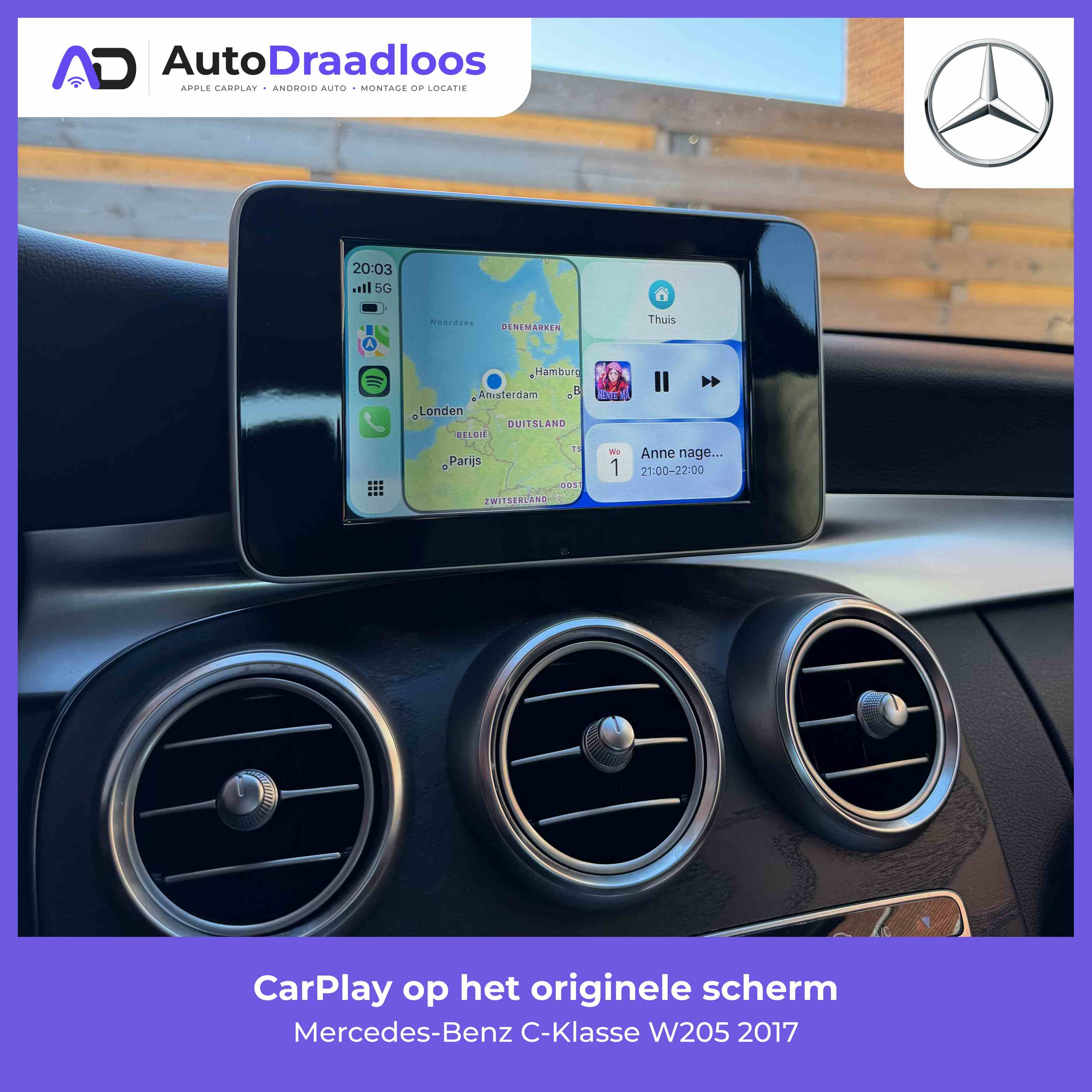 Apple CarPlay op het originele scherm van een C-Klasse