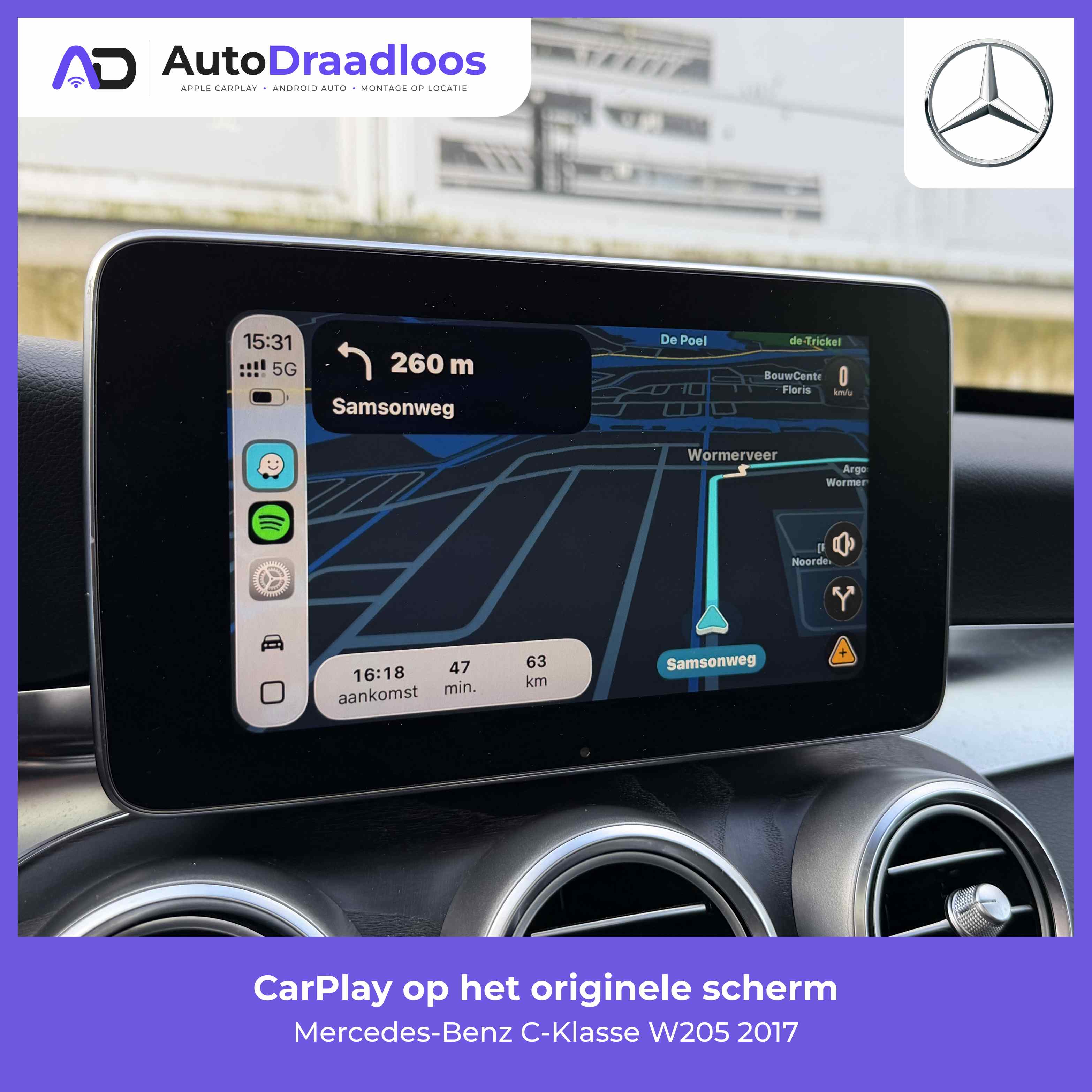 Apple CarPlay op het originele scherm van een C-Klasse