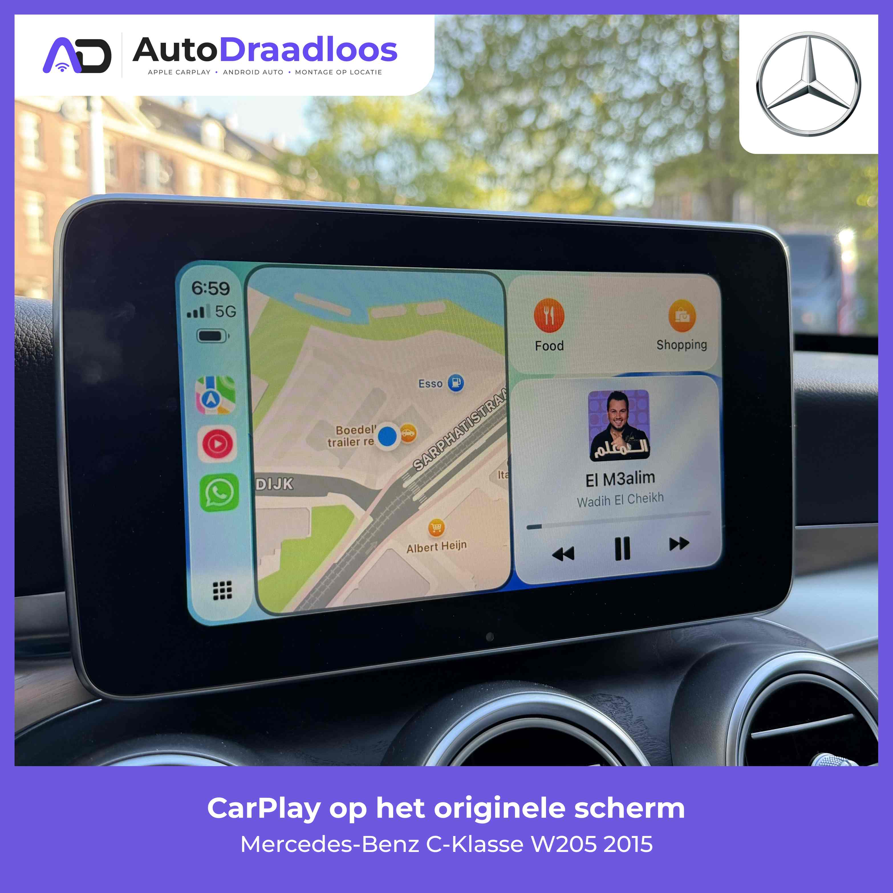 Apple CarPlay op het originele scherm van een C-Klasse