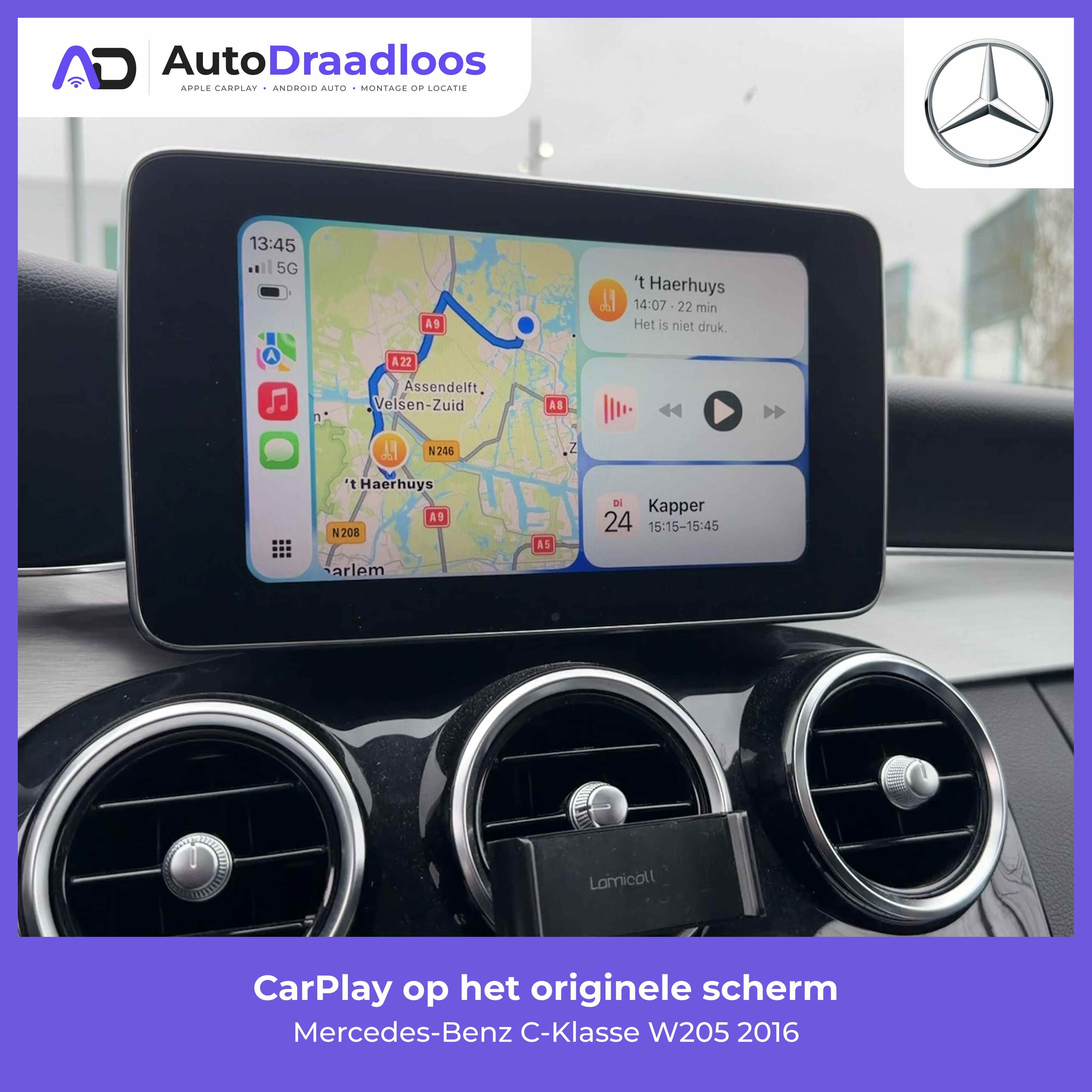 Apple CarPlay op het originele scherm van een C-Klasse
