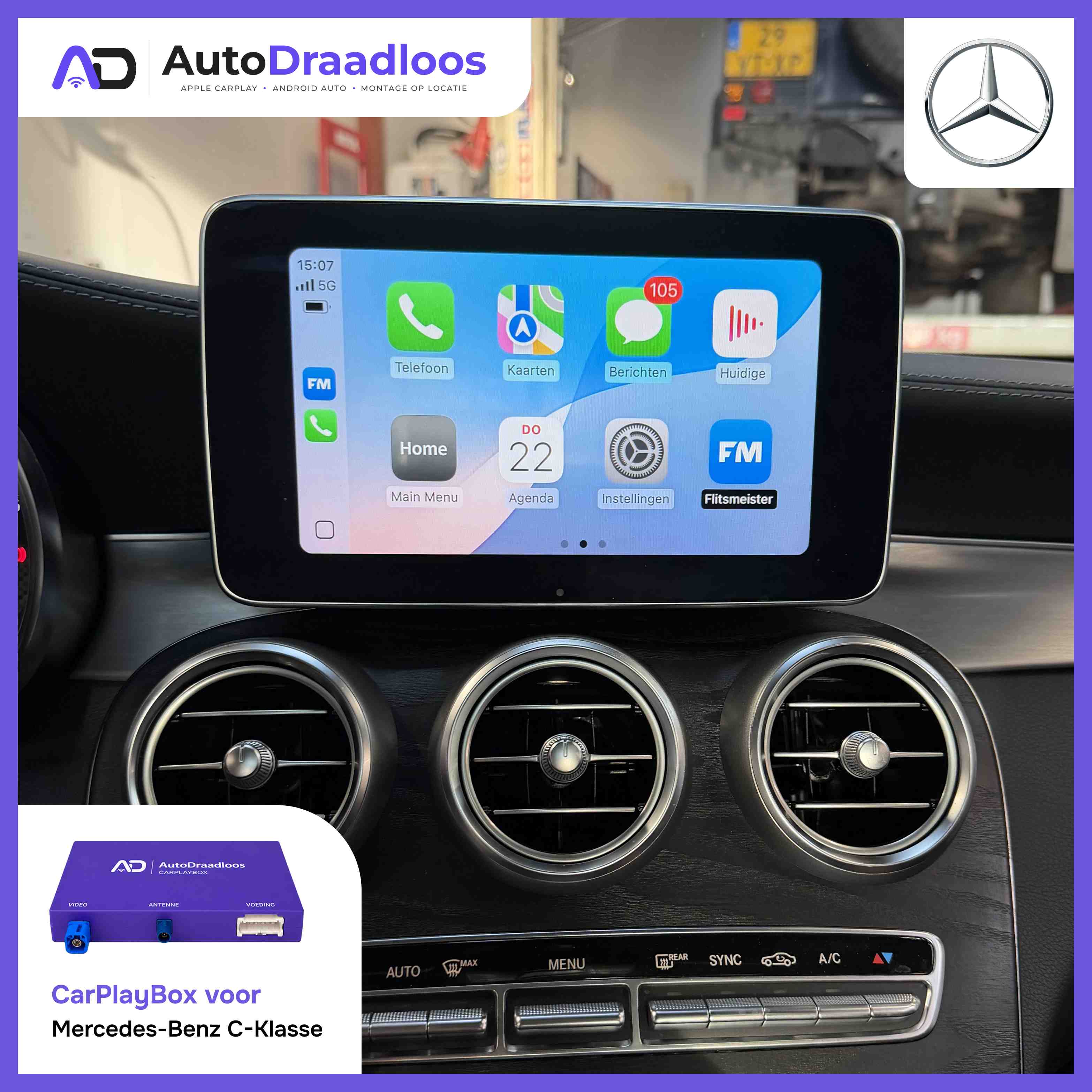 Apple CarPlay op het originele scherm van een C-Klasse W205