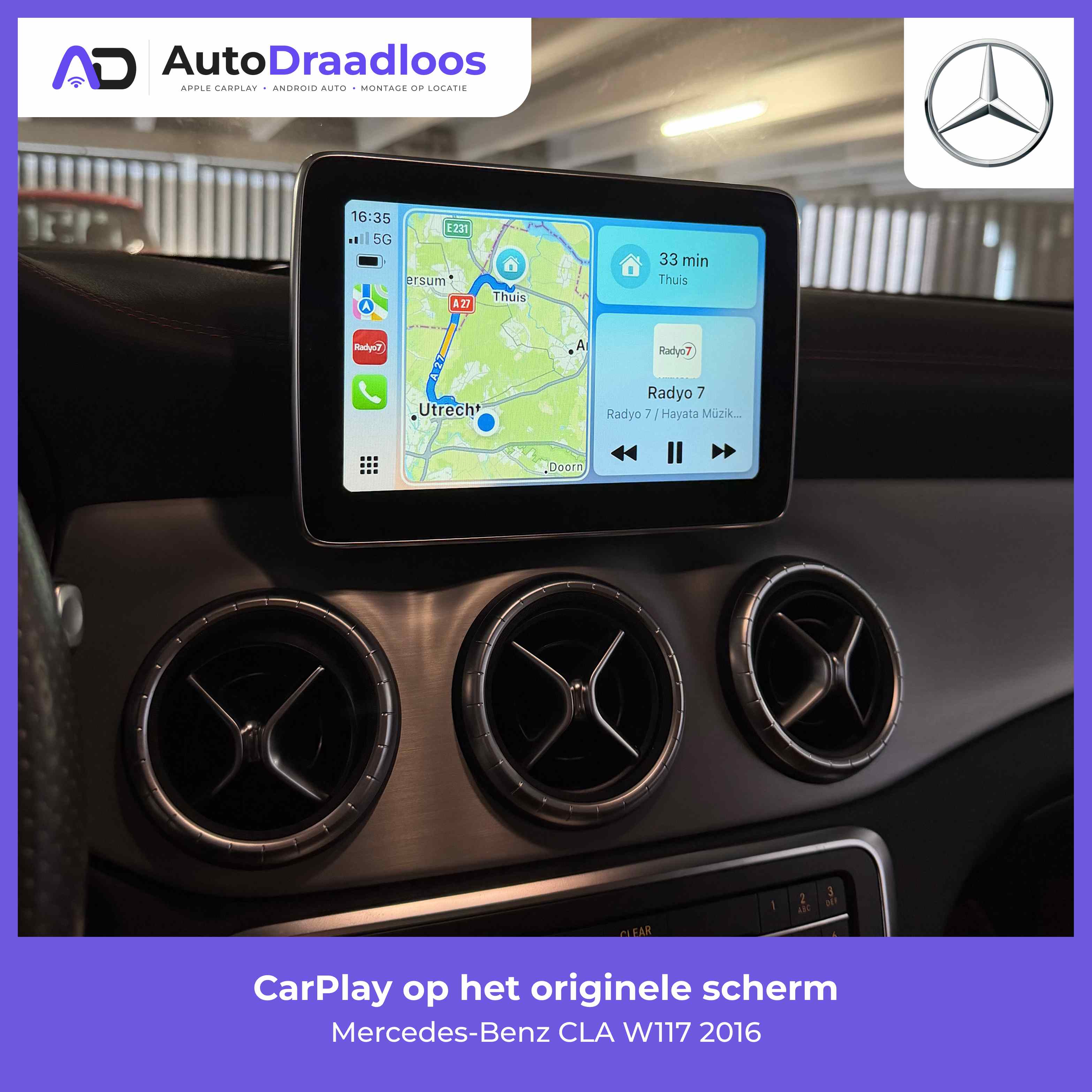 Apple CarPlay op het originele scherm van een CLA