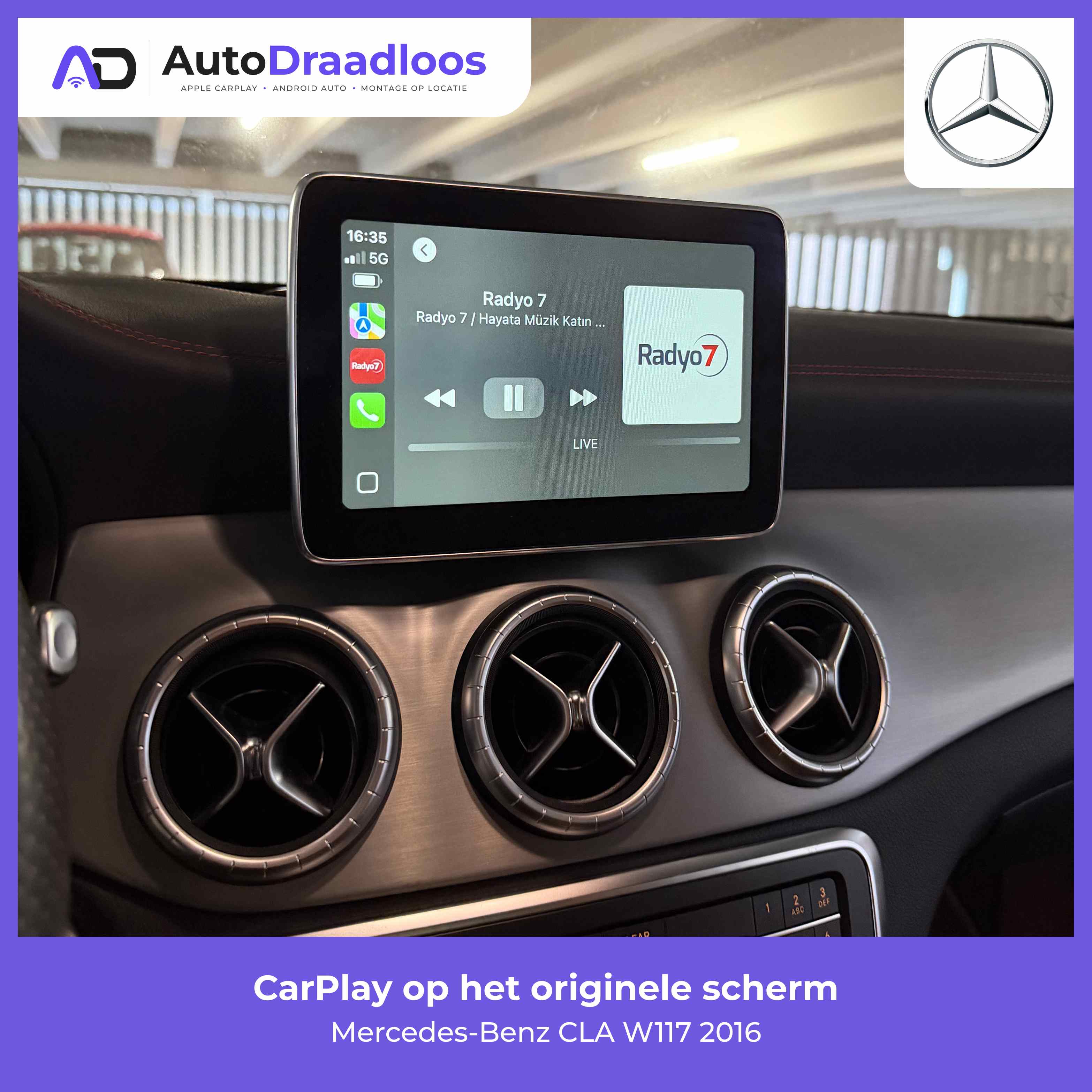 Apple CarPlay op het originele scherm van een CLA