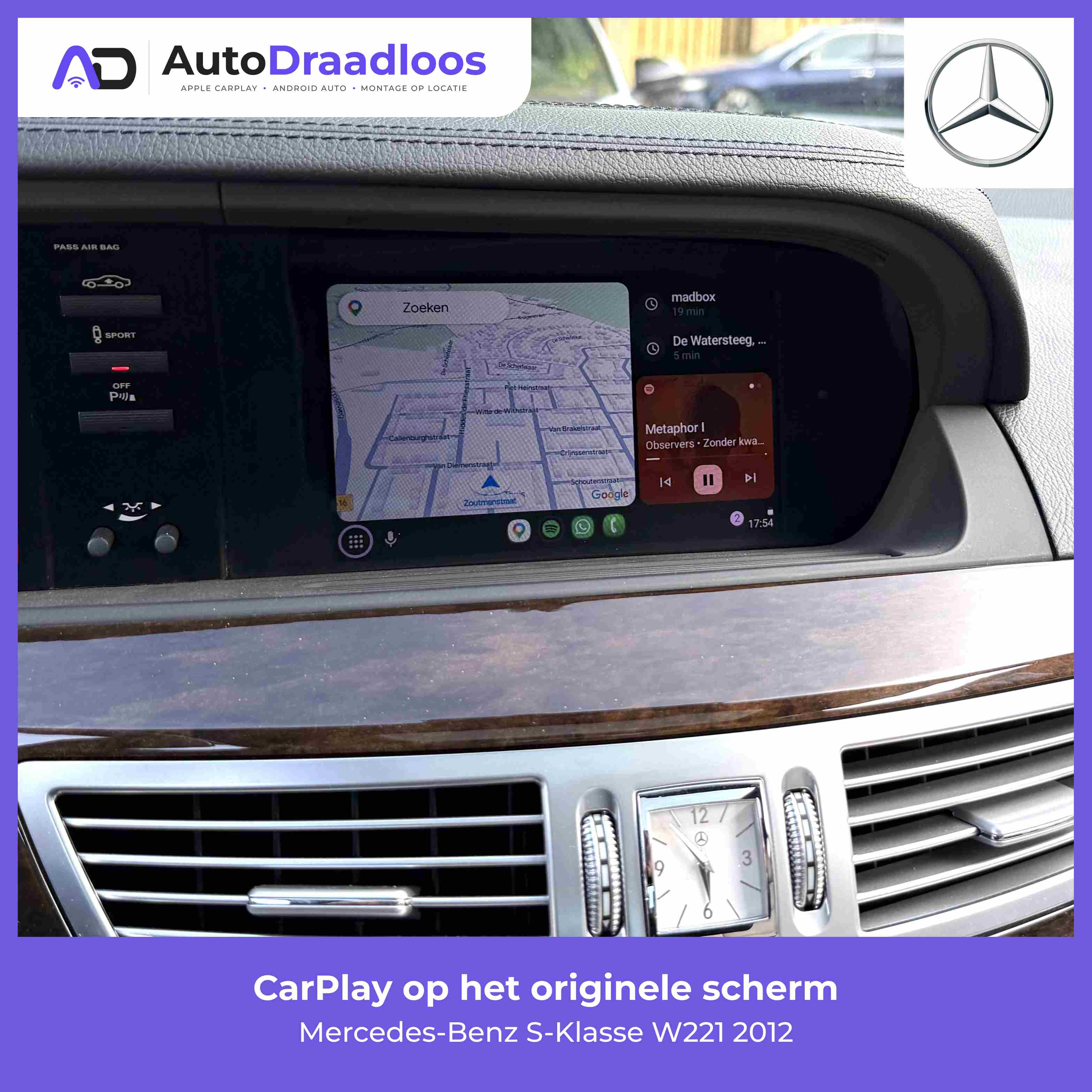 Apple CarPlay op het originele scherm van een S-Klasse